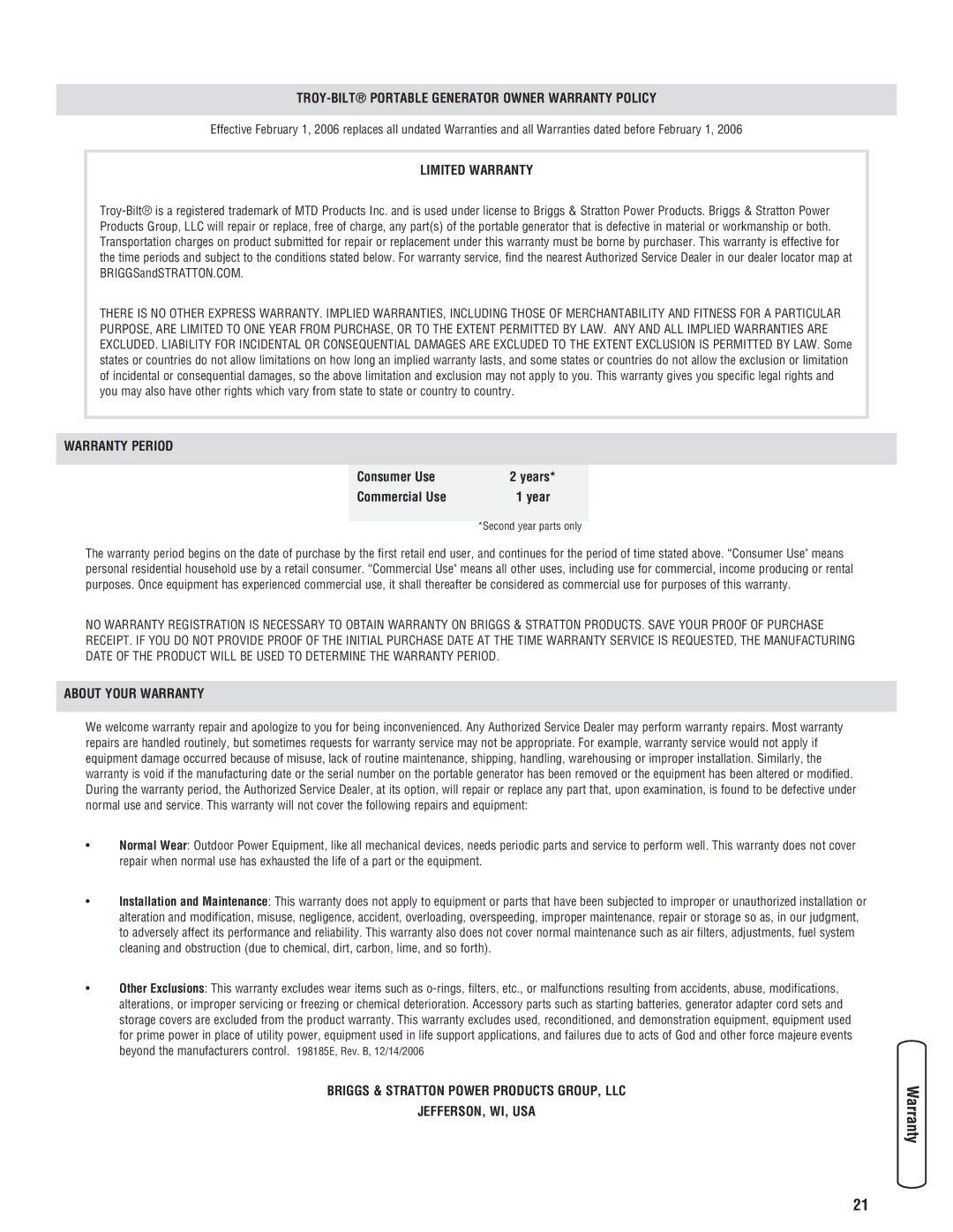 Troy-Bilt 30331 manual TROY-BILT Portable Generator Owner Warranty Policy 