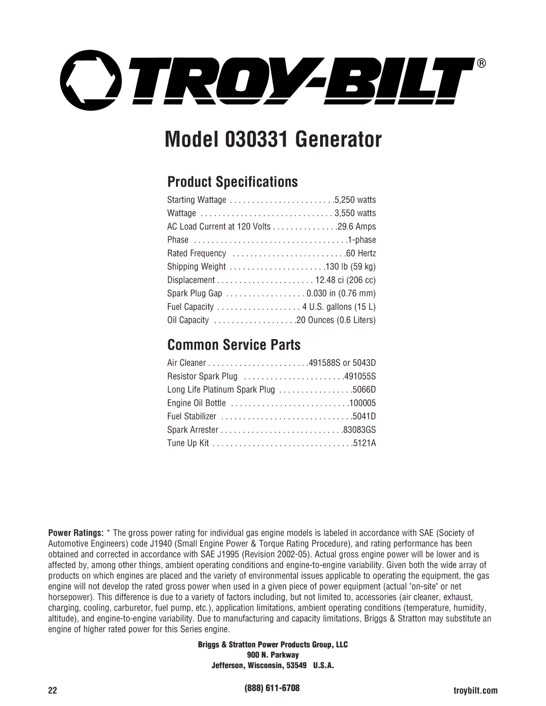 Troy-Bilt 30331 manual Product Specifications, Common Service Parts, 888 