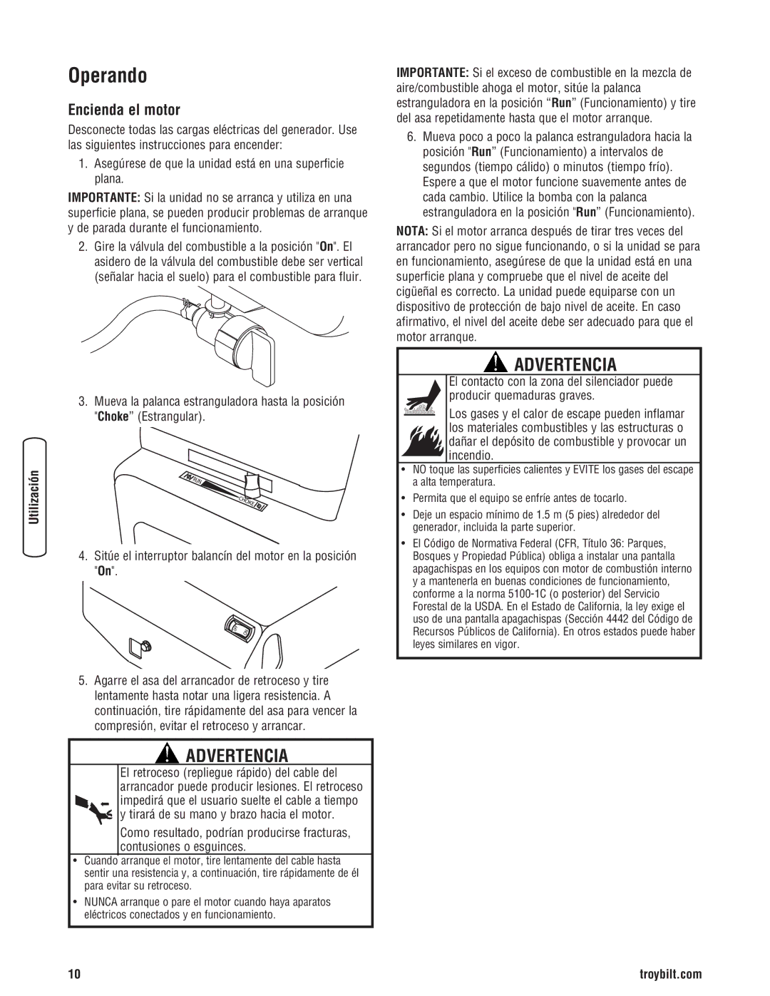 Troy-Bilt 30331 manual Operando, Encienda el motor 