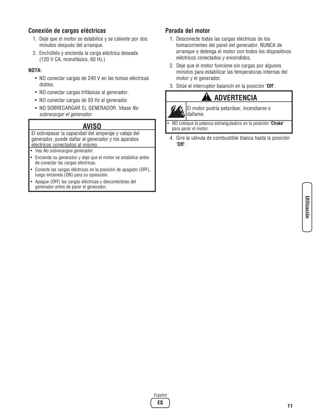 Troy-Bilt 30331 manual Conexión de cargas eléctricas, Parada del motor, El motor podría petardear, incendiarse o dañarse 