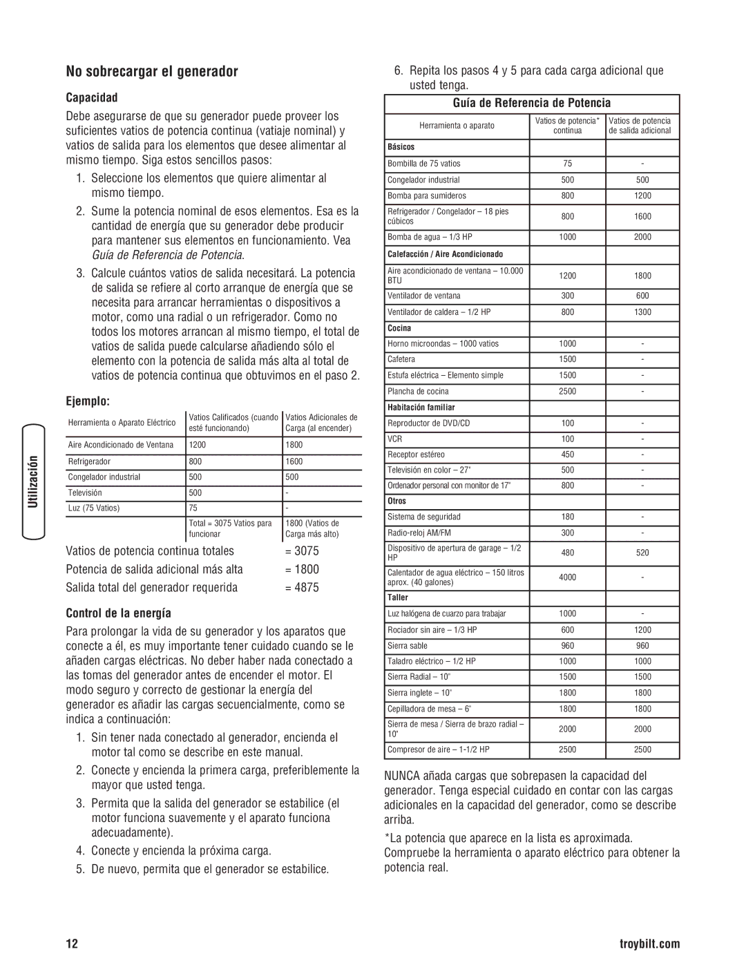 Troy-Bilt 30331 No sobrecargar el generador, Capacidad, Ejemplo, Control de la energía, Guía de Referencia de Potencia 