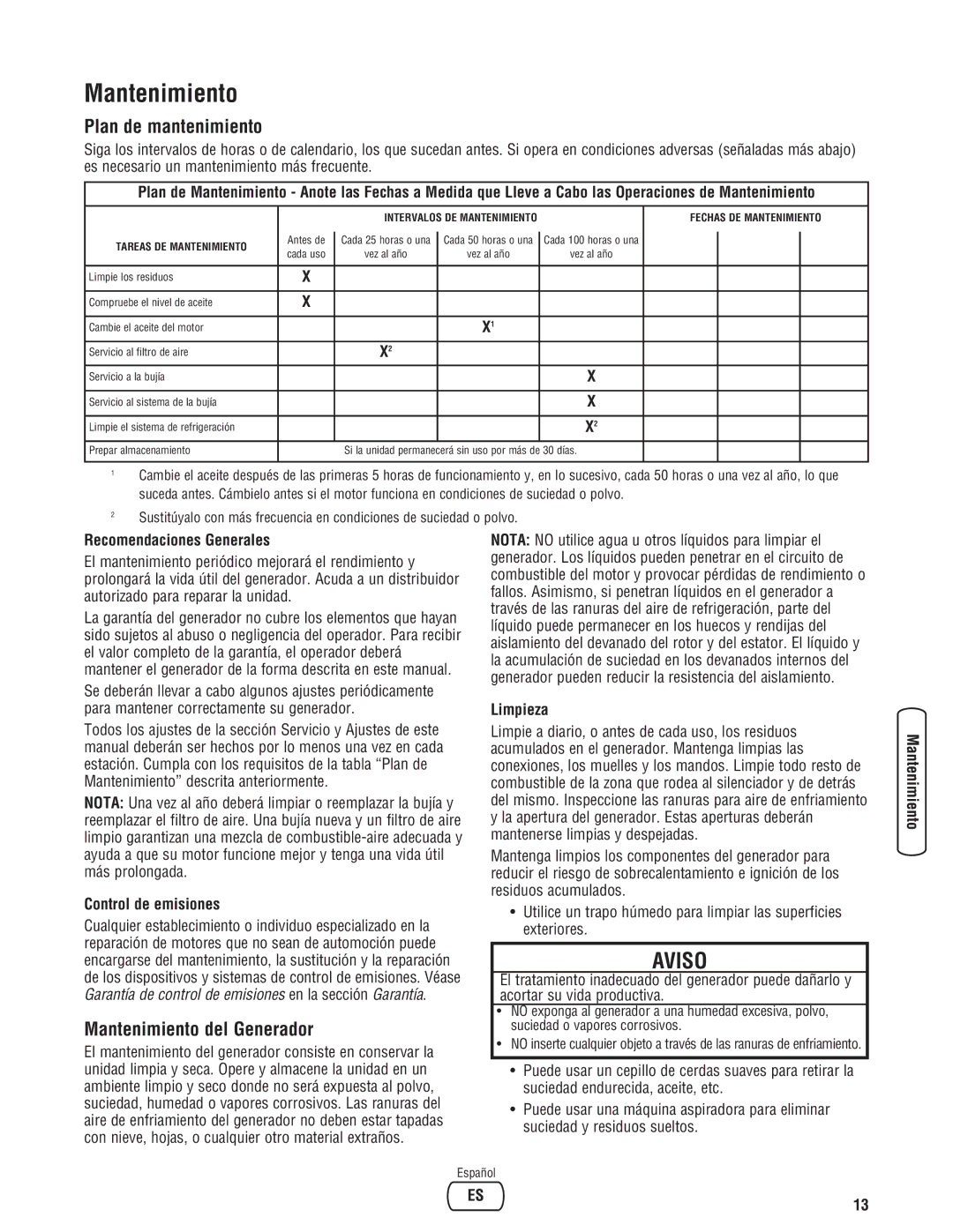 Troy-Bilt 30331 manual Plan de mantenimiento, Mantenimiento del Generador 