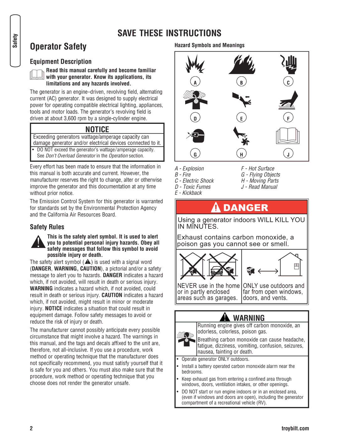 Troy-Bilt 30331 manual Operator Safety, Equipment Description, Safety Rules, Hazard Symbols and Meanings 