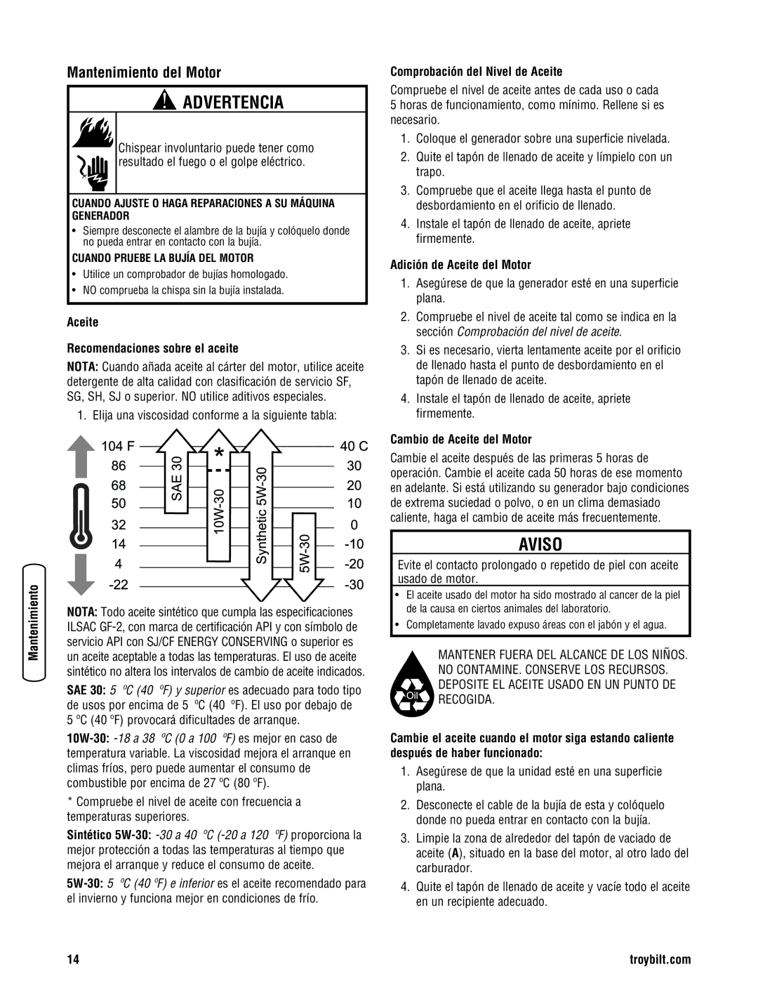 Troy-Bilt 30331 manual Mantenimiento del Motor, Aceite Recomendaciones sobre el aceite, Comprobación del Nivel de Aceite 