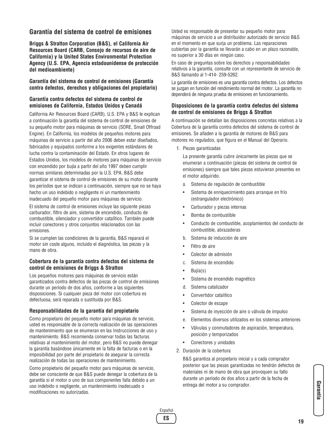 Troy-Bilt 30331 manual Garantía del sistema de control de emisiones, Responsabilidades de la garantía del propietario 