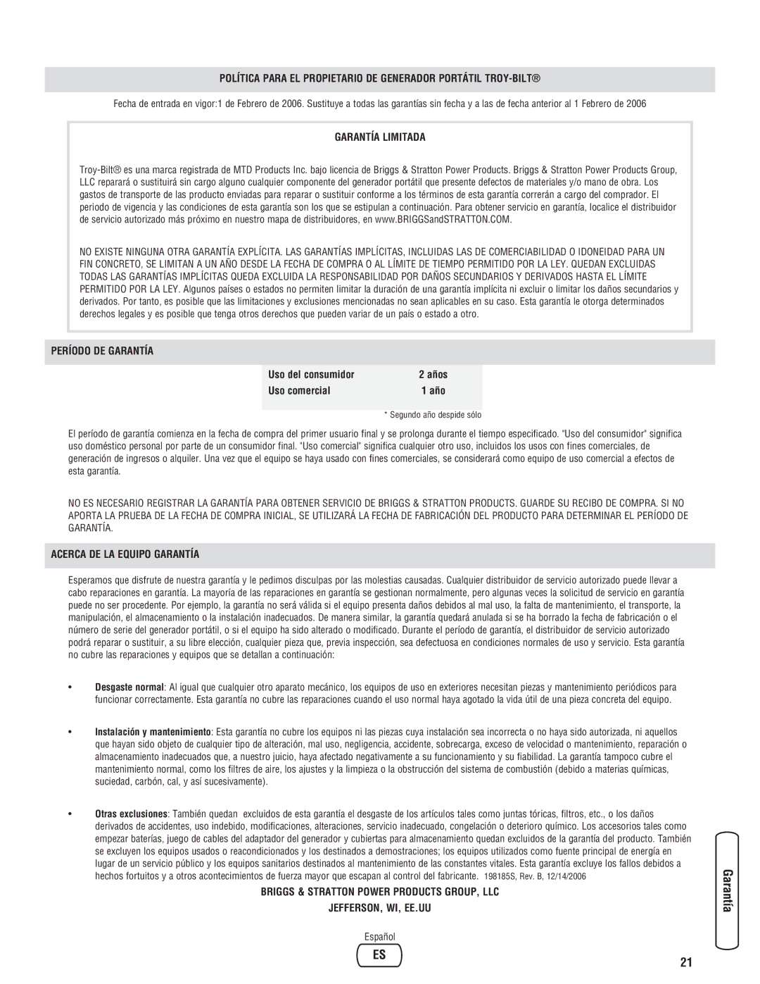 Troy-Bilt 30331 manual Política Para EL Propietario DE Generador Portátil TROY-BILT 