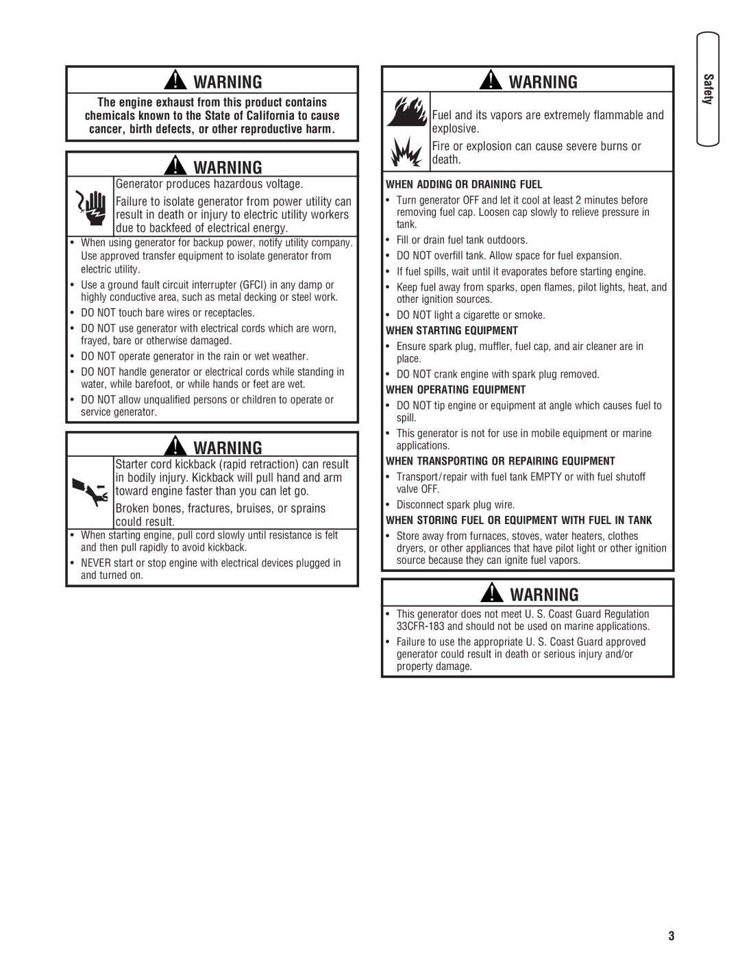 Troy-Bilt 30331 manual Engine exhaust from this product contains, Broken bones, fractures, bruises, or sprains could result 