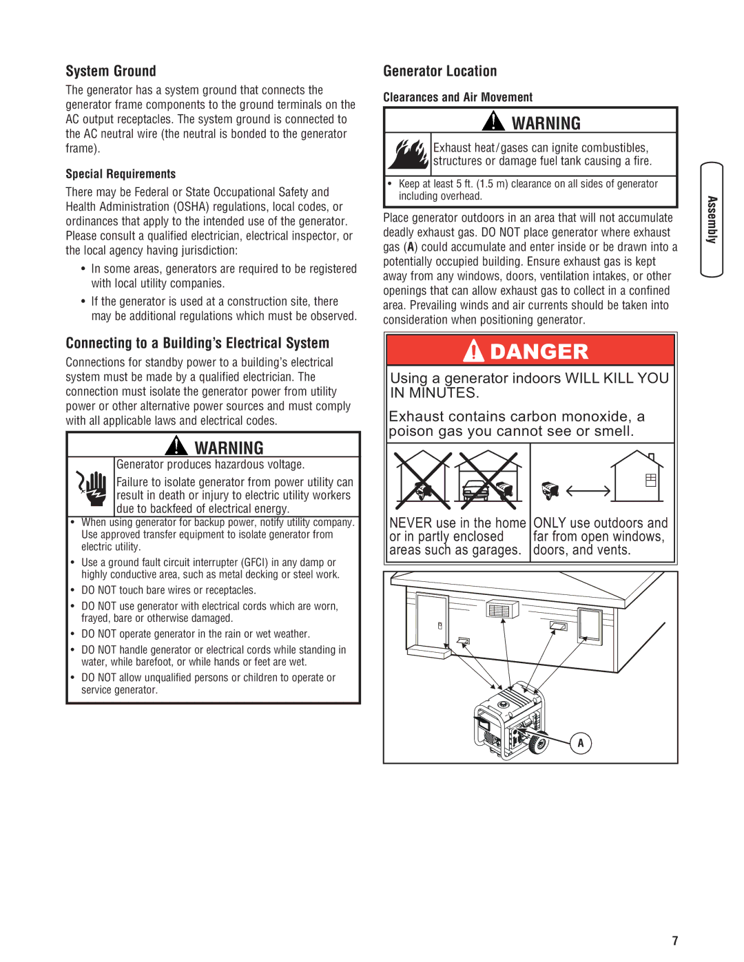 Troy-Bilt 30331 System Ground, Connecting to a Building’s Electrical System, Generator Location, Special Requirements 