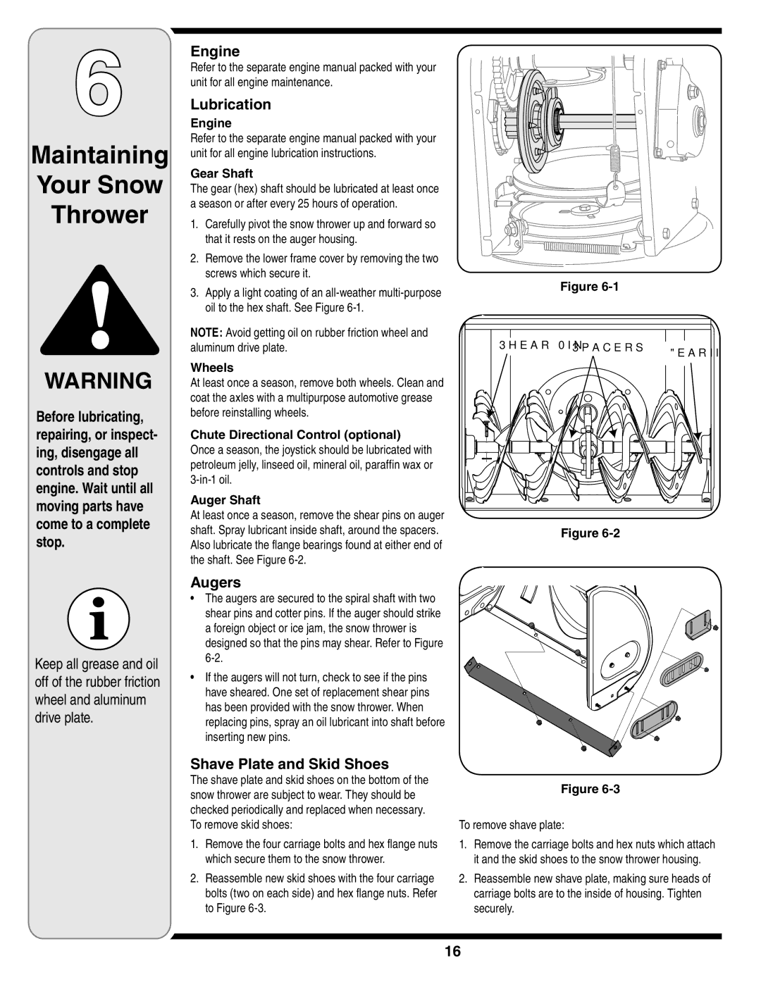 Troy-Bilt 31AE6GKF500 warranty Maintaining Your Snow Thrower, Engine, Lubrication, Augers, Shave Plate and Skid Shoes 