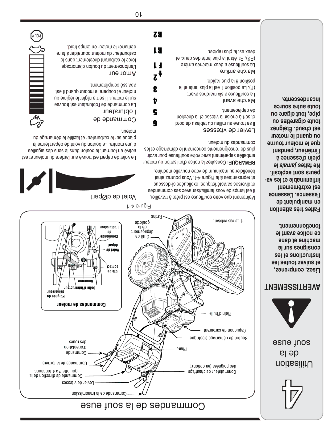 Troy-Bilt 31AE6GKF500 warranty Souffleuse la de Commandes, Départ de Volet, ’essence plein le jamais faites Ne 