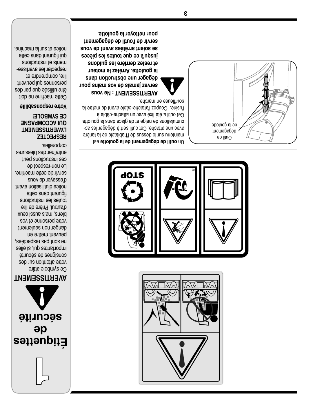 Troy-Bilt 31AE6GKF500 warranty Sécurité de Étiquettes, De Outil 