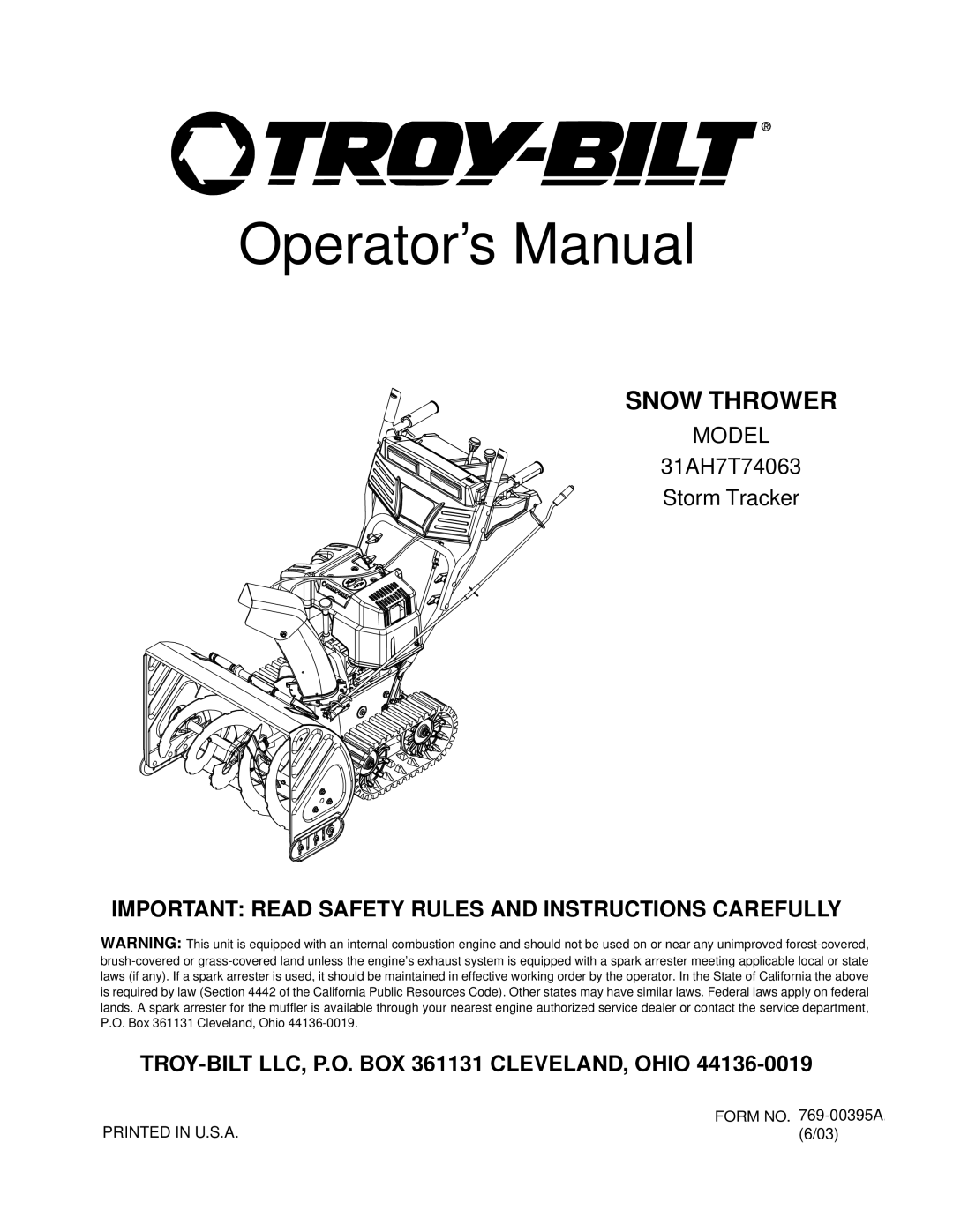 Troy-Bilt 31AH7T74063 manual Operator’s Manual 