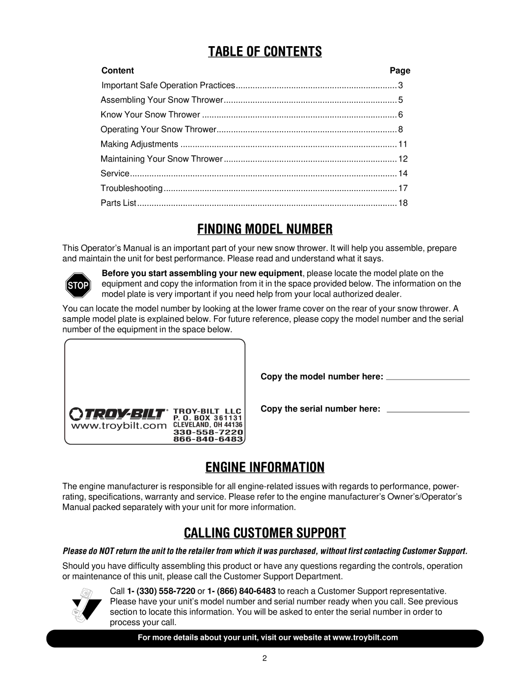 Troy-Bilt 31AH7T74063 manual Table of Contents 