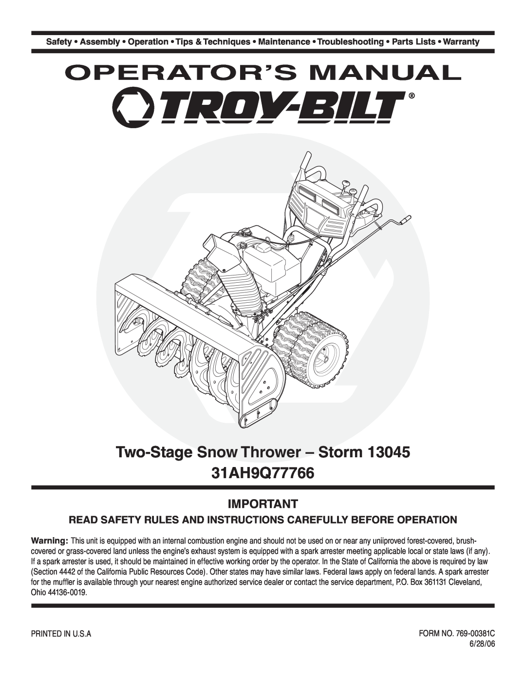 Troy-Bilt warranty Operator’S Manual, Two-Stage Snow Thrower - Storm 31AH9Q77766 