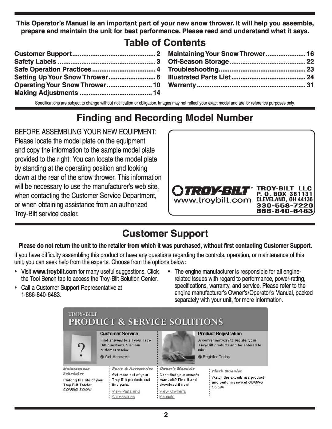 Troy-Bilt 31AH9Q77766 Table of Contents, Finding and Recording Model Number, Customer Support, Troy-Bilt service dealer 