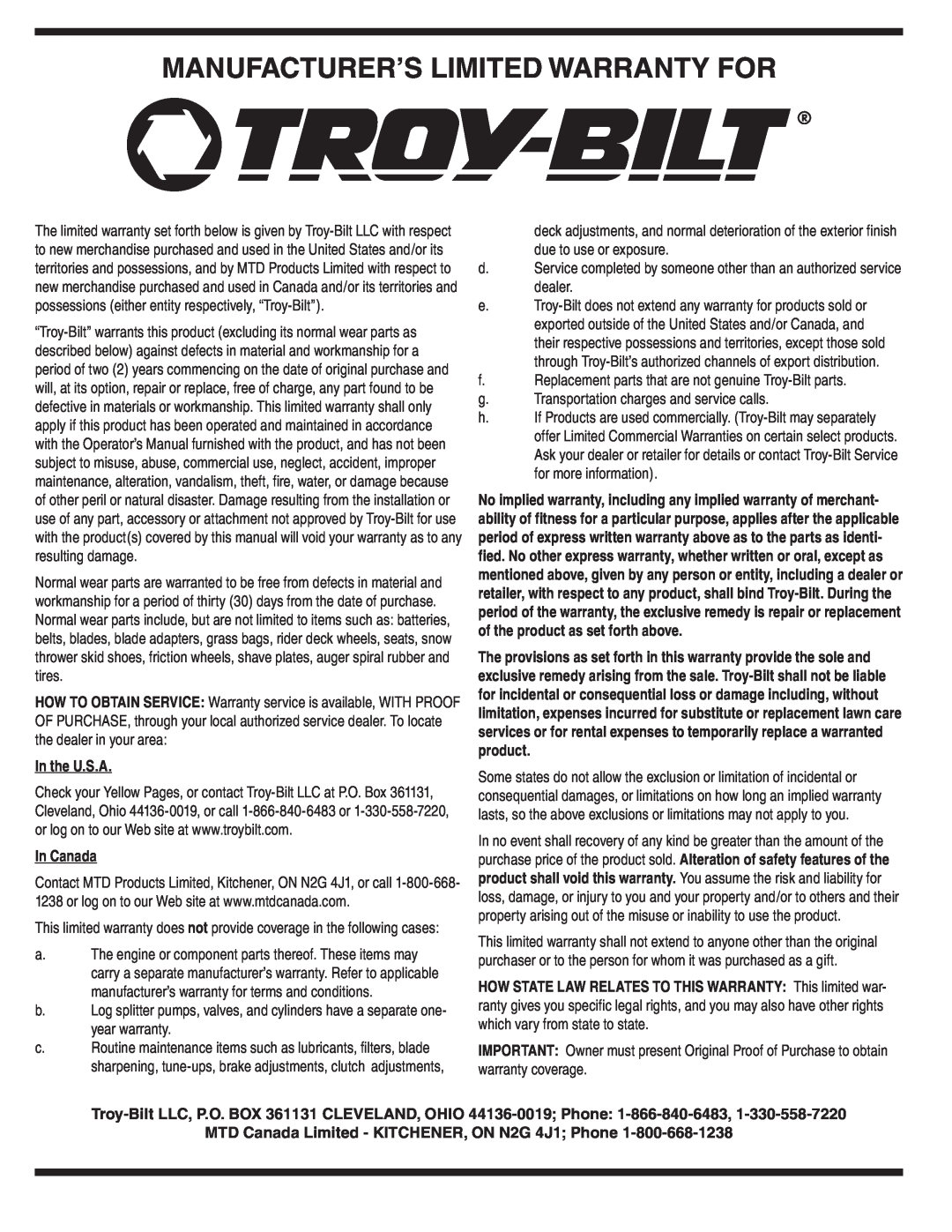 Troy-Bilt 31AH9Q77766 warranty Manufacturer’S Limited Warranty For, In the U.S.A, In Canada 