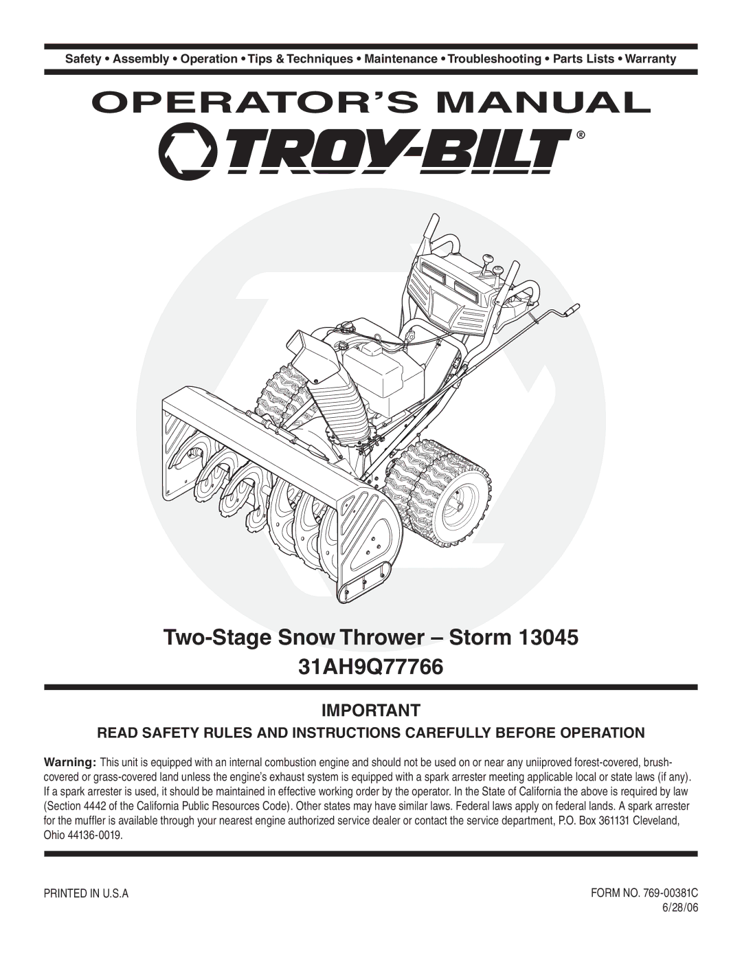 Troy-Bilt warranty Two-Stage Snow Thrower Storm 31AH9Q77766, Form no -00381C, 28/06 