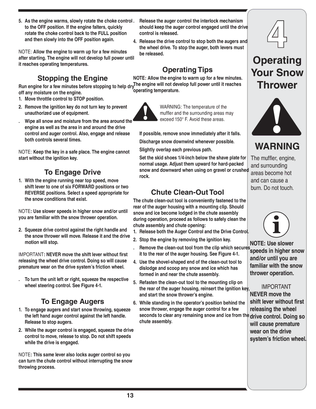 Troy-Bilt 31AH9Q77766 warranty Stopping the Engine, To Engage Drive, To Engage Augers, Operating Tips, Chute Clean-Out Tool 