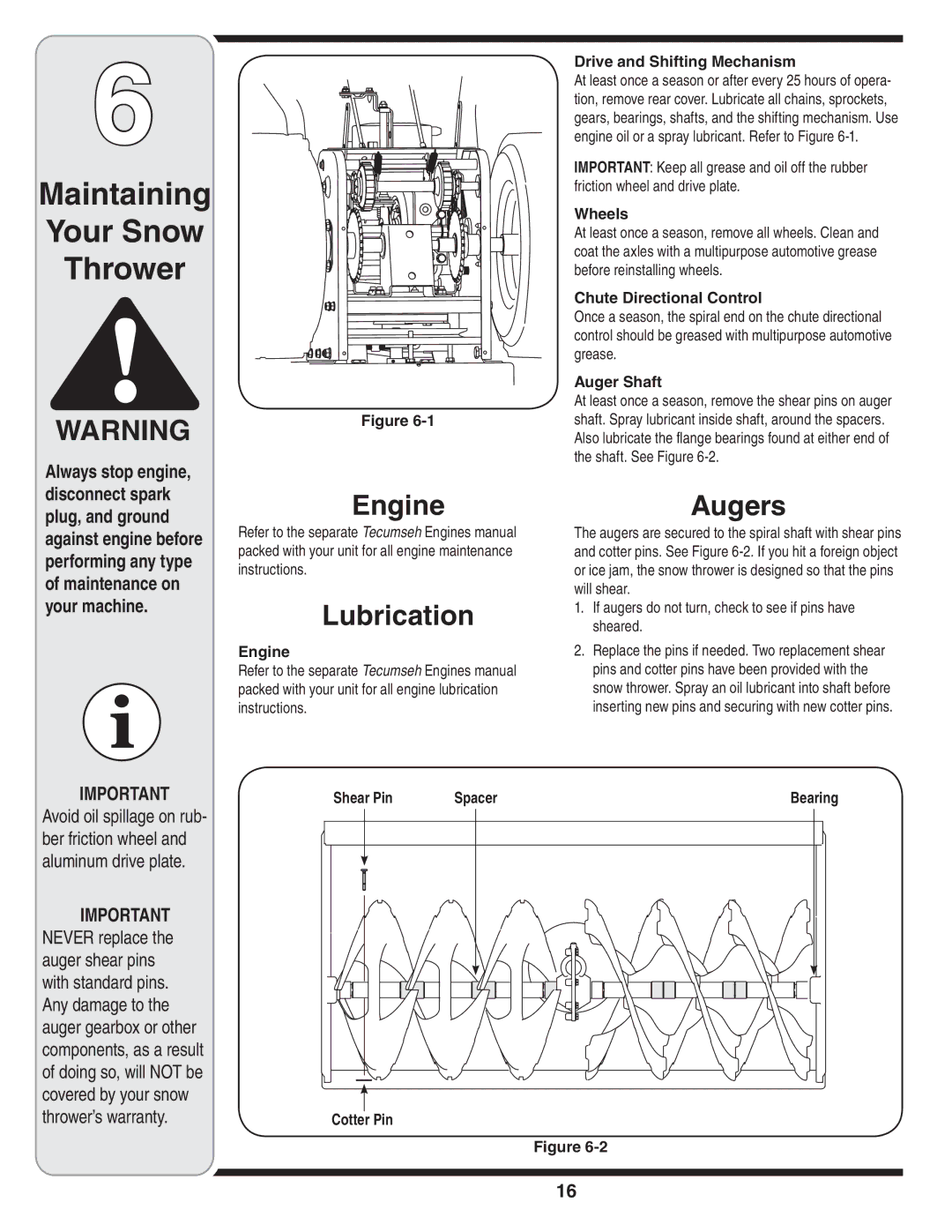 Troy-Bilt 31AH9Q77766 warranty Maintaining Your Snow Thrower, Engine, Lubrication, Augers 