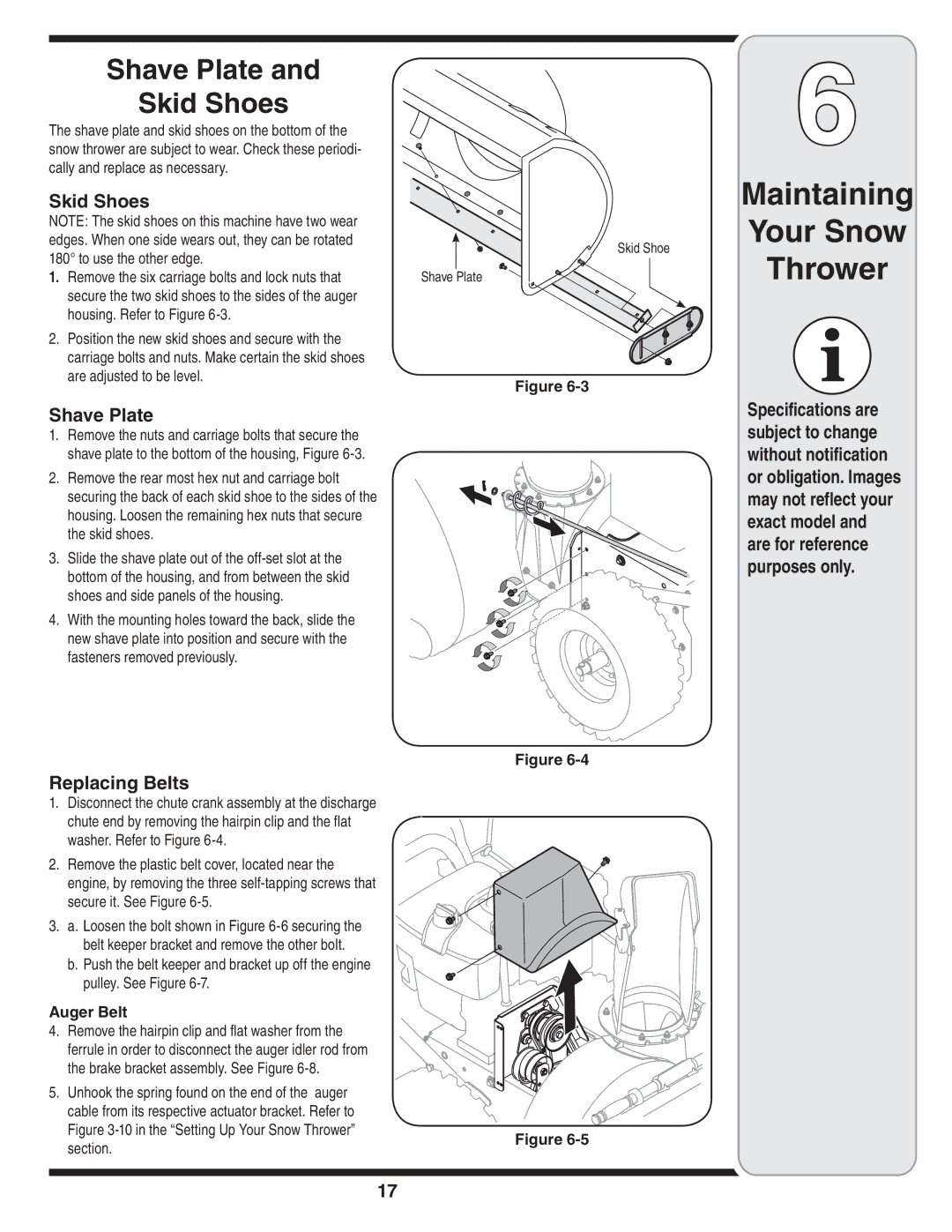 Troy-Bilt 31AH9Q77766 warranty Shave Plate Skid Shoes, Replacing Belts, Auger Belt 