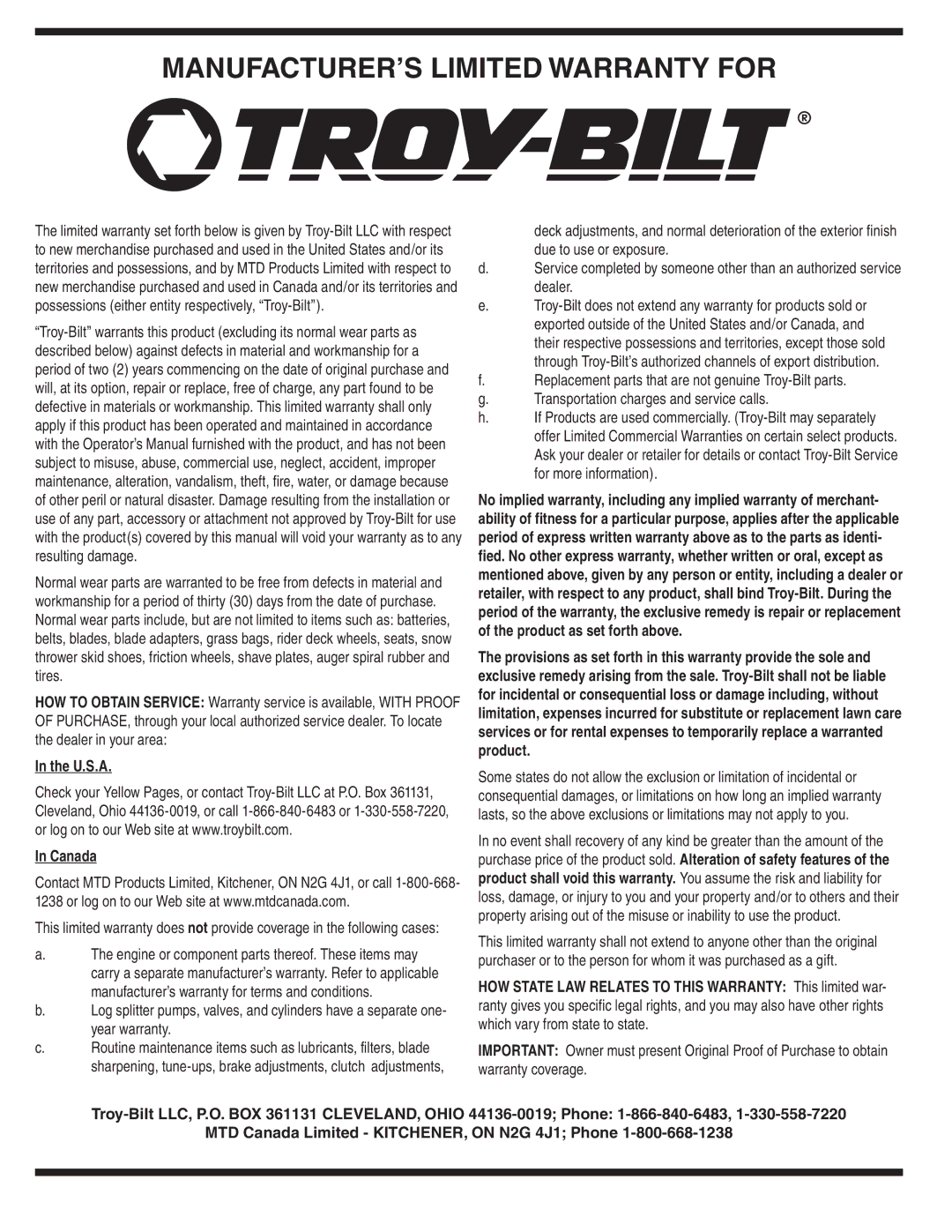 Troy-Bilt 31AH9Q77766 warranty MANUFACTURER’S Limited Warranty for, U.S.A Canada 