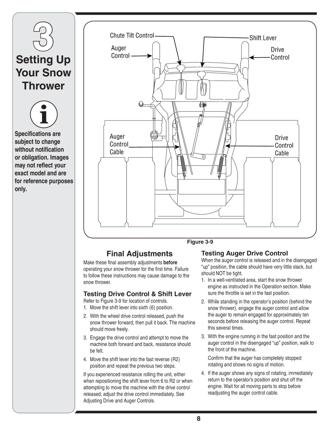 Troy-Bilt 31AH9Q77766 Final Adjustments, Specifications are Auger Drive Subject to change Control, Without notification 