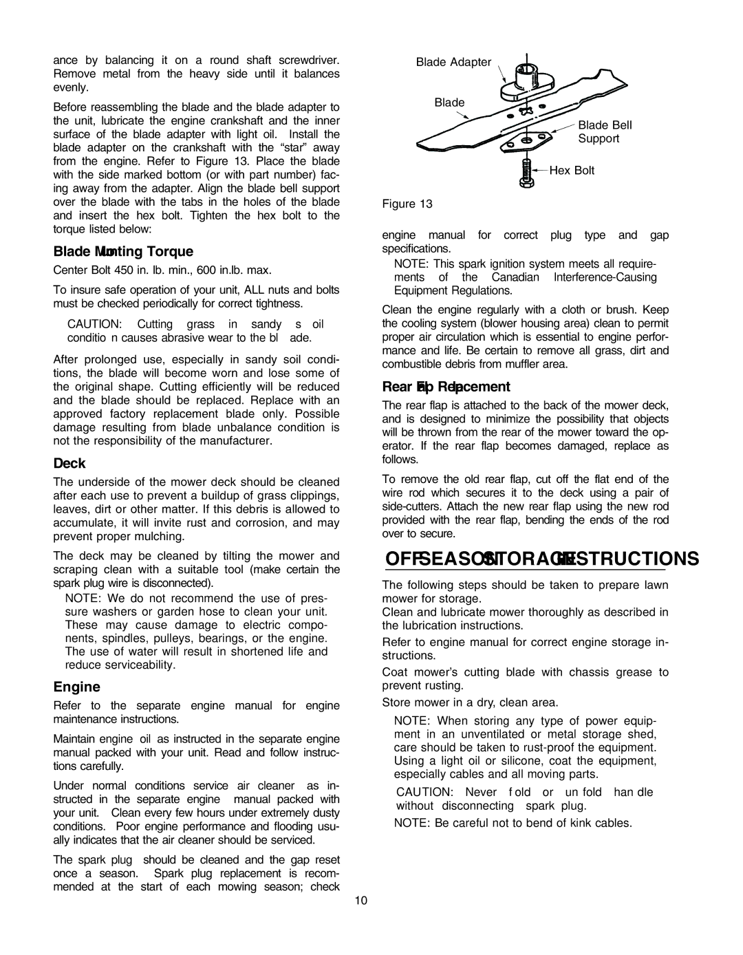 Troy-Bilt 400 Series manual OFF Season Storage Instructions, Blade Mounting Torque, Deck, Engine, Rear Flap Replacement 