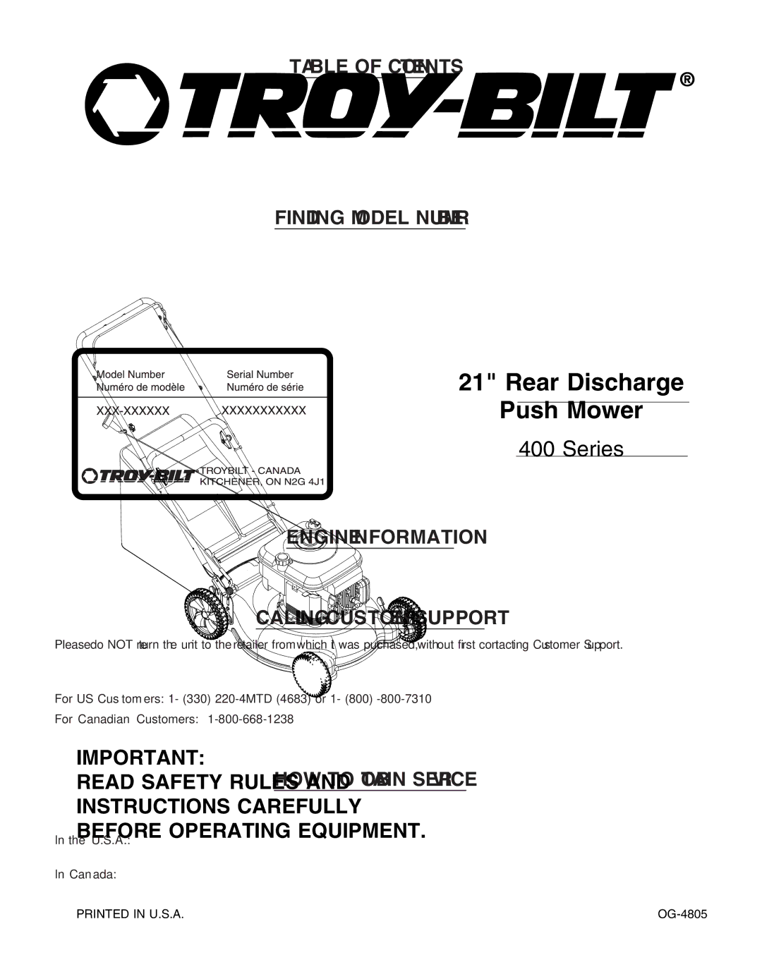 Troy-Bilt 400 Series manual Table of Contents, Finding Model Number, Engine Information, Calling Customer Support 