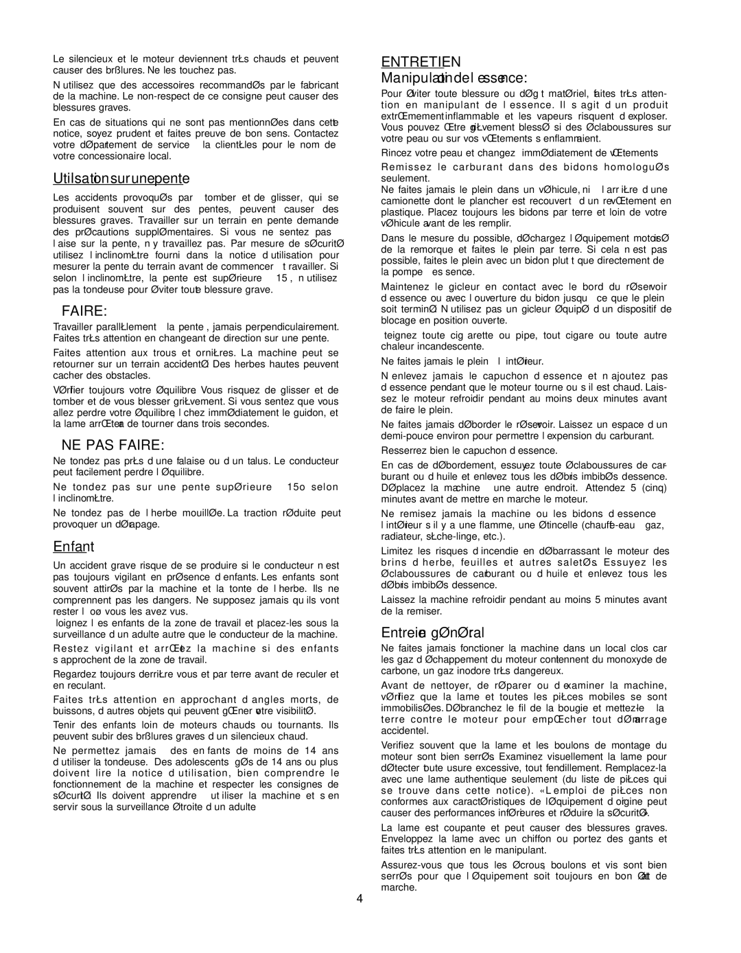 Troy-Bilt 400 Series manual Général Entreien, Enfant 