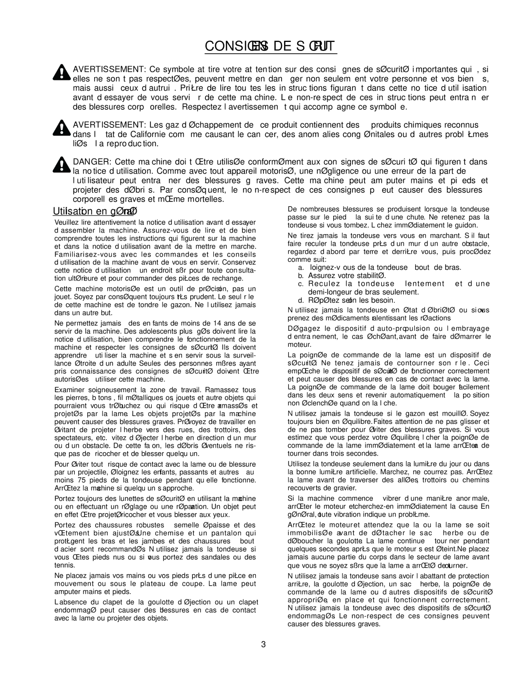 Troy-Bilt 400 Series manual Sécurité DE Consignes, Général en Utilisation 