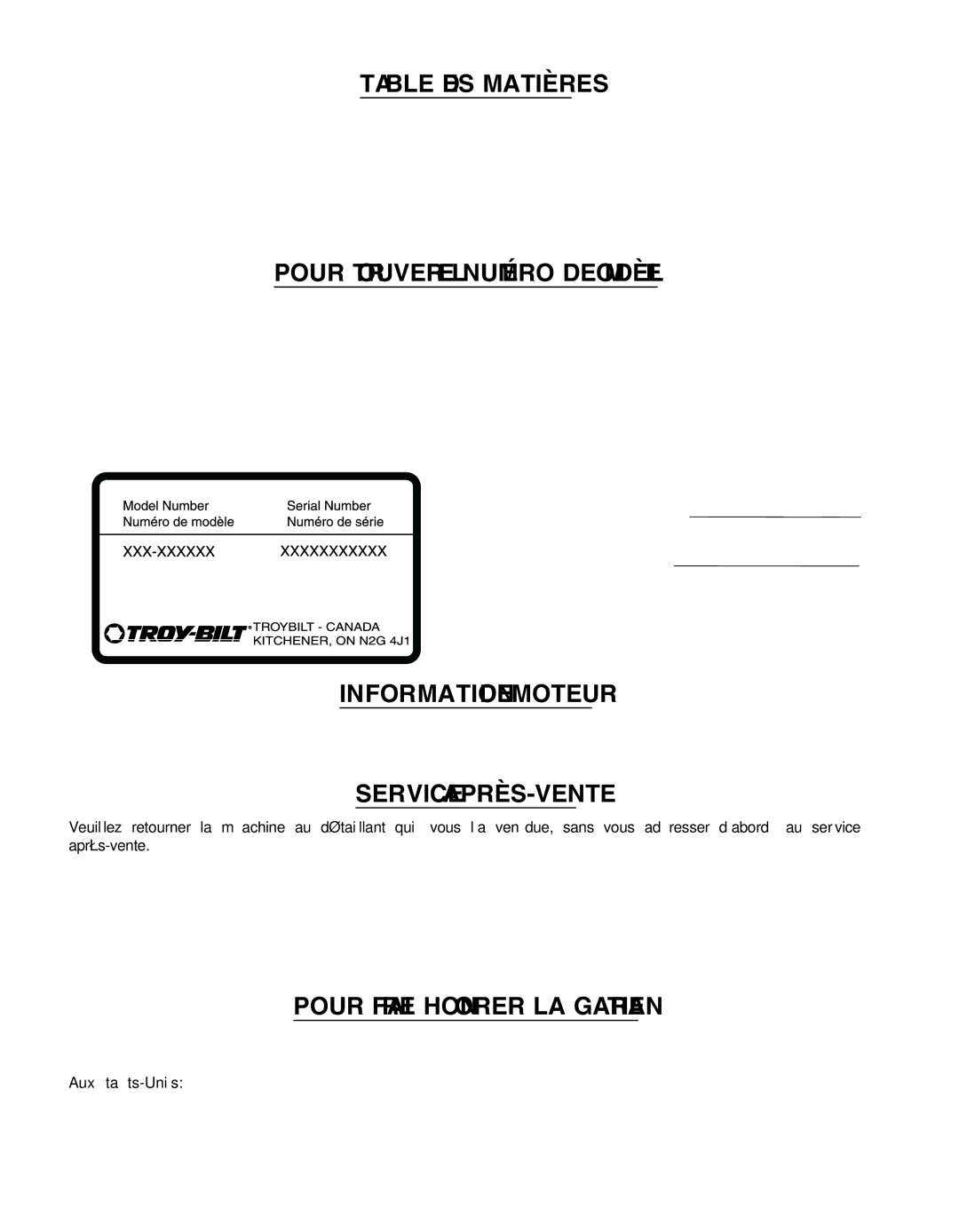 Troy-Bilt 400 Series manual Garantie LA Orerhon Faire Pour, VENTE-APRÈS Service, Moteur DE Information, Matières DES Bleta 