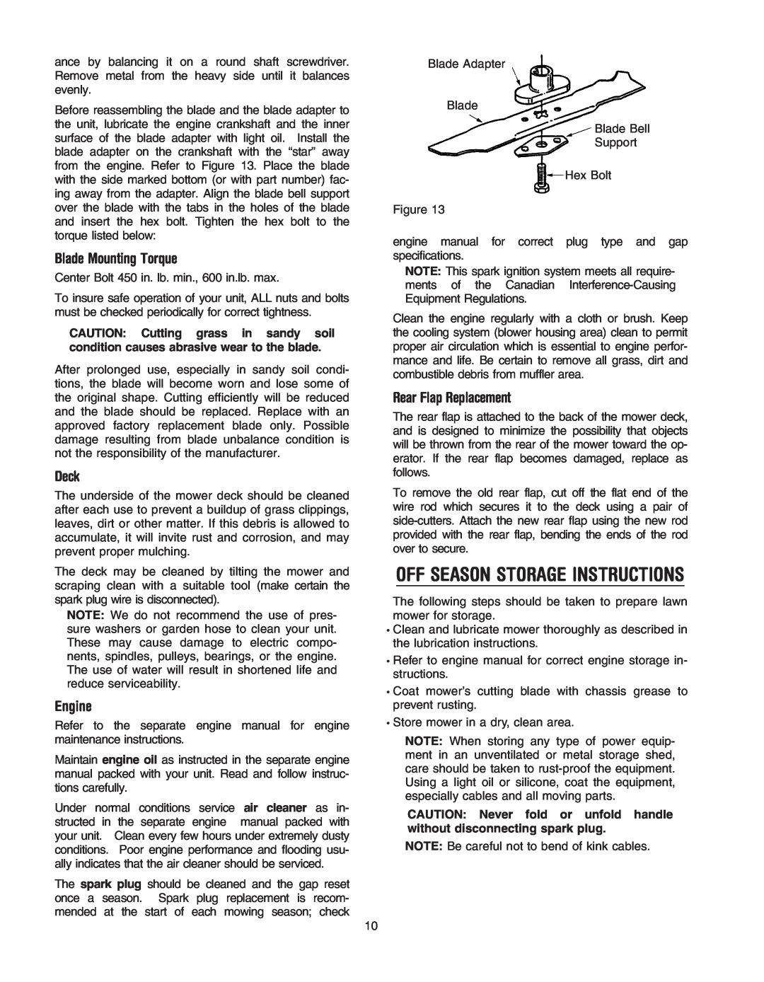 Troy-Bilt 400 Series manual Off Season Storage Instructions, Blade Mounting Torque, Deck, Engine, Rear Flap Replacement 