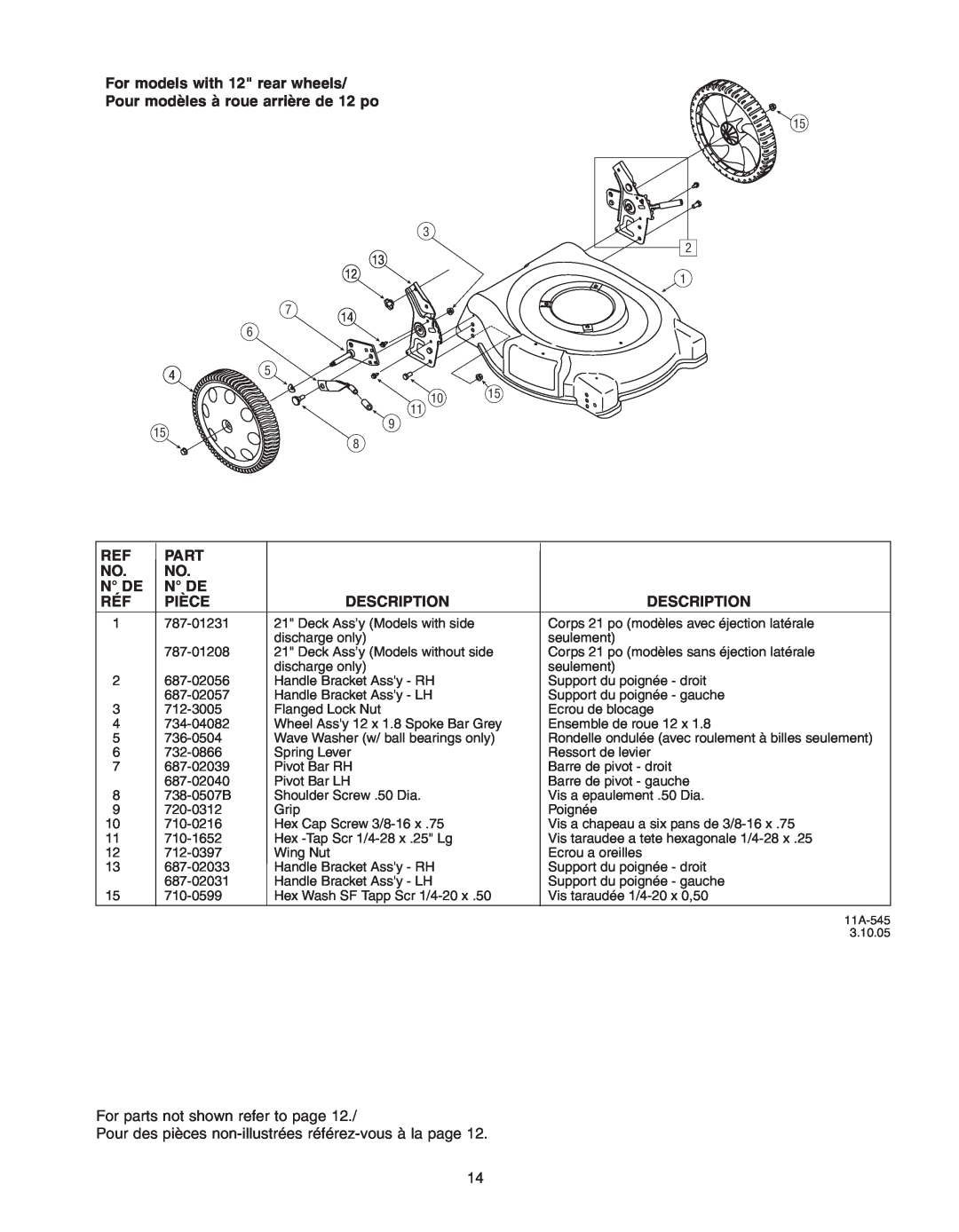 Troy-Bilt 400 Series manual Pour modèles à roue arrière de 12 po, For parts not shown refer to page 