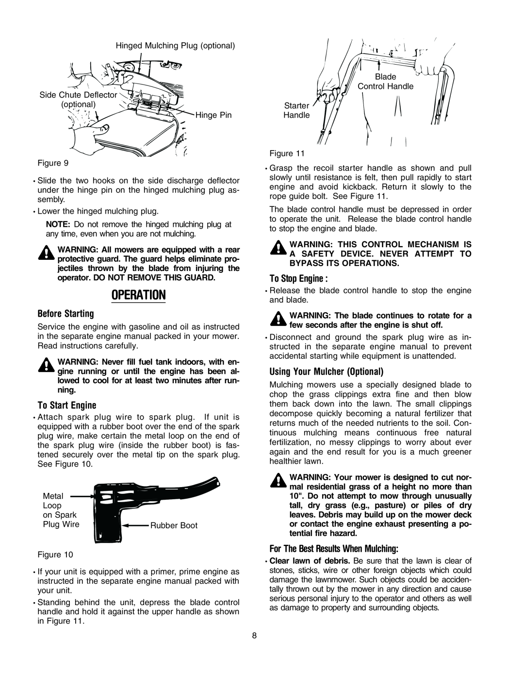 Troy-Bilt 400 Series manual Operation, Before Starting, To Start Engine, To Stop Engine, Using Your Mulcher Optional 
