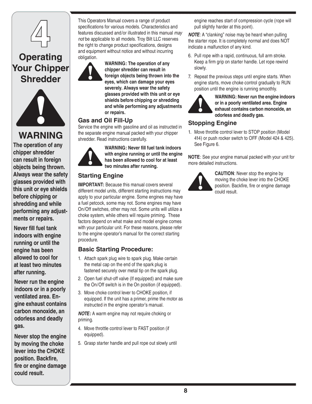 Troy-Bilt 410, 420 warranty Operating Your Chipper Shredder, Gas and Oil Fill-Up, Starting Engine, Basic Starting Procedure 