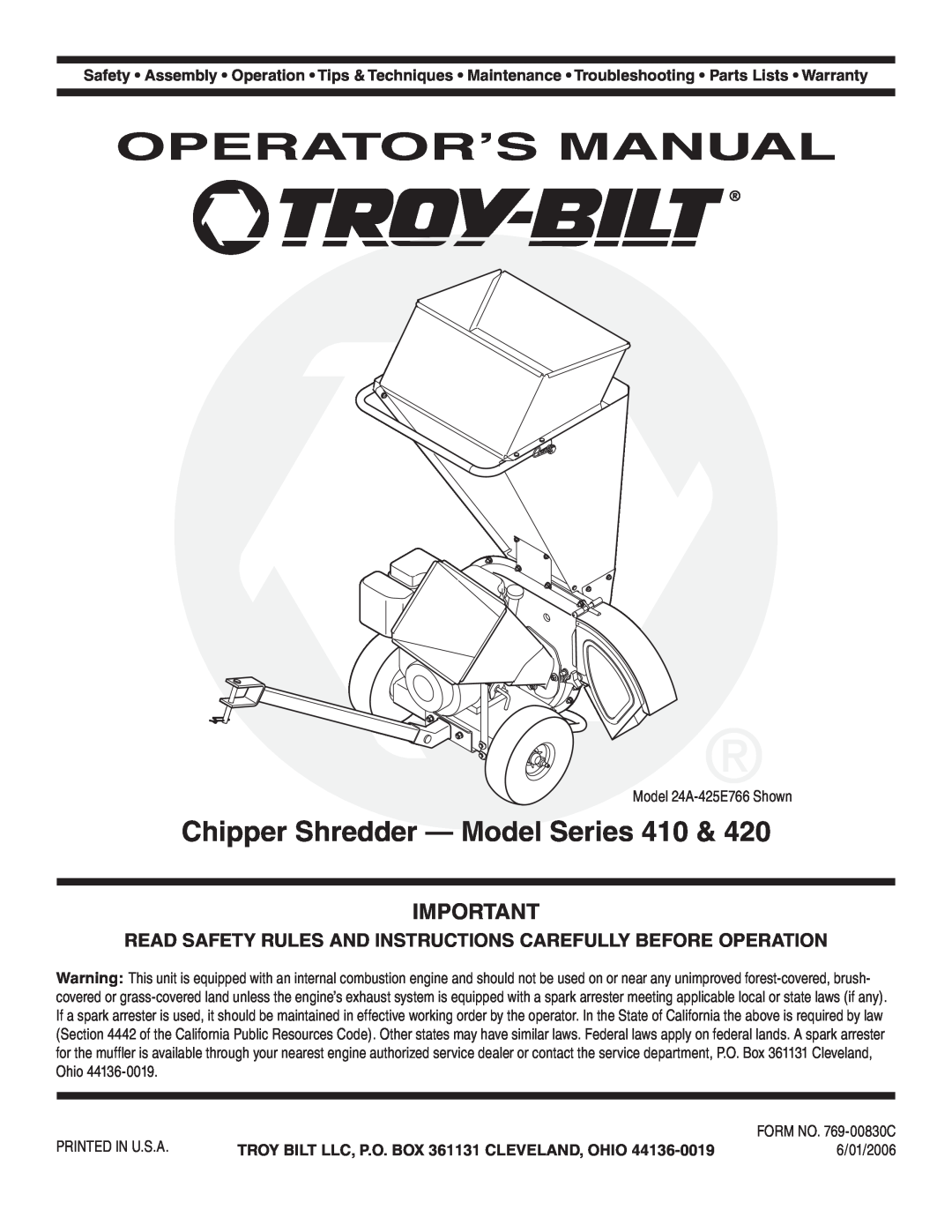 Troy-Bilt 410, 420 warranty Operator’S Manual, Chipper Shredder - Model Series 