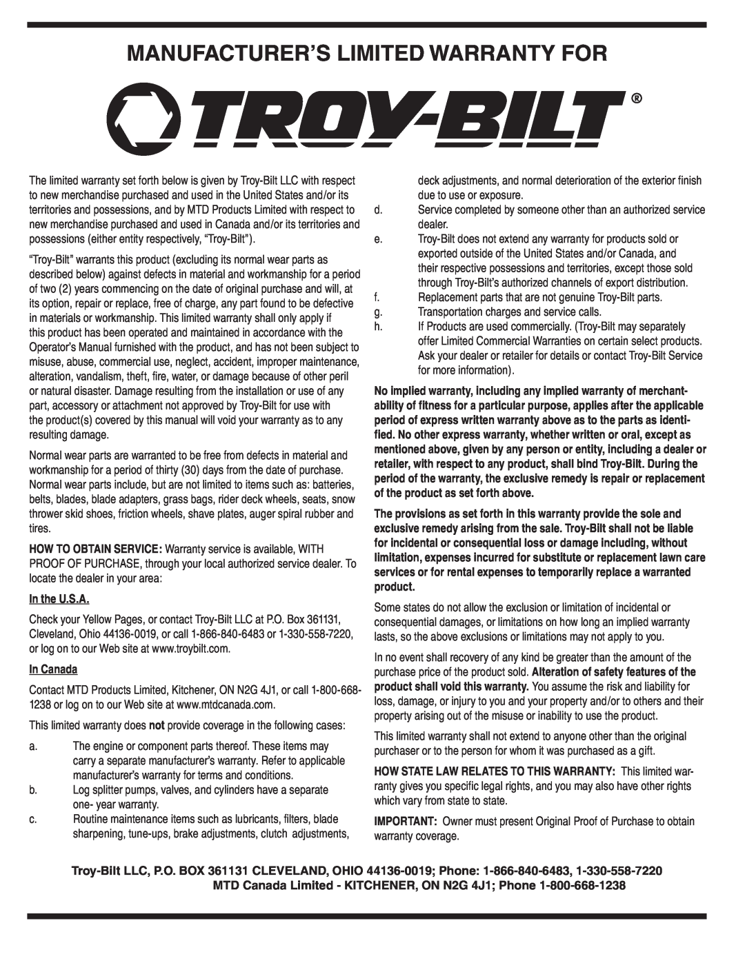 Troy-Bilt 410, 420 warranty Manufacturer’S Limited Warranty For, In the U.S.A, In Canada 