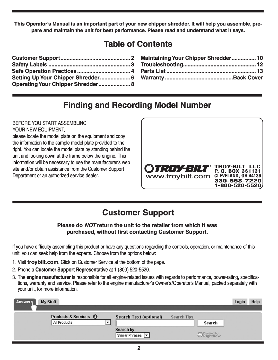Troy-Bilt 410, 420 Table of Contents, Finding and Recording Model Number, Customer Support, Safety Labels, Warranty 