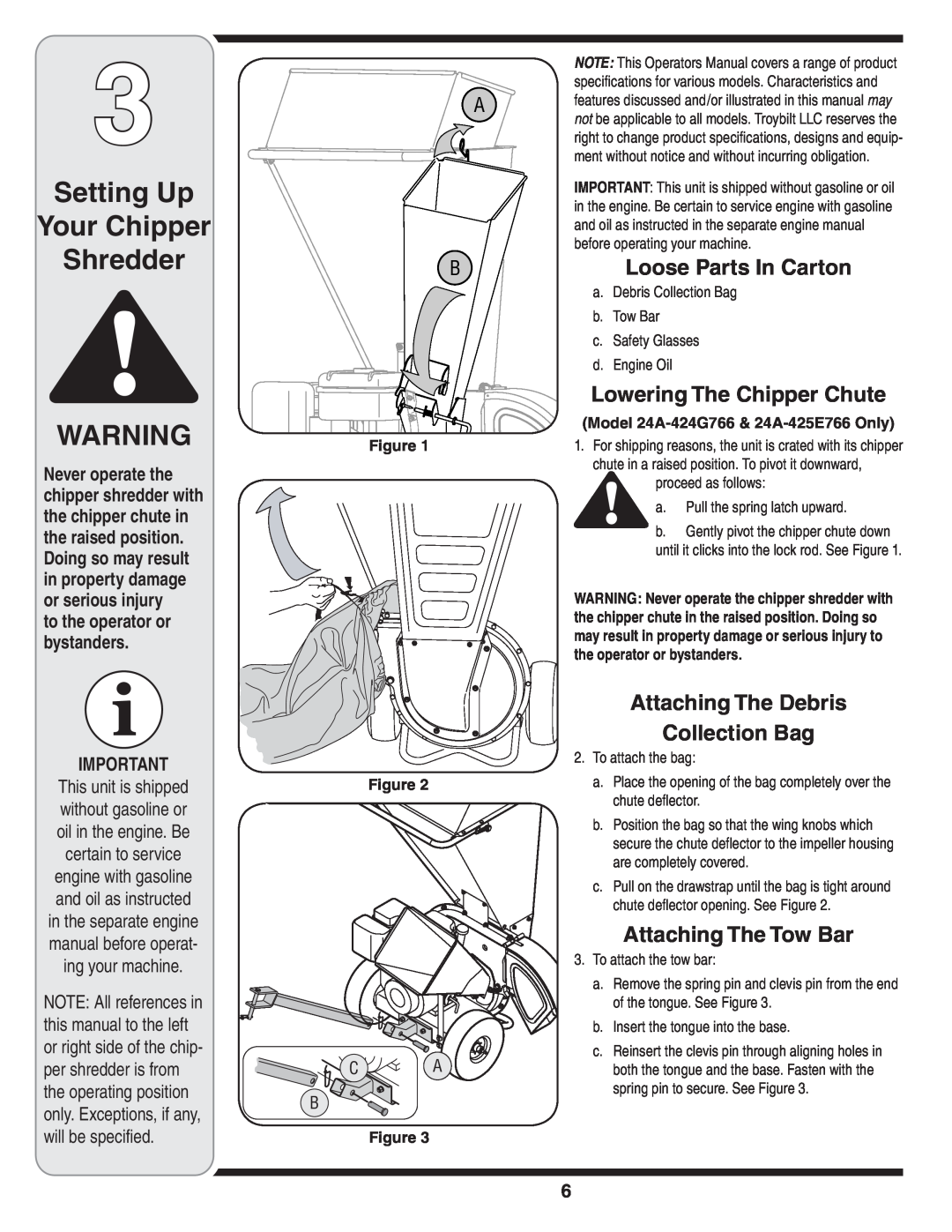 Troy-Bilt 410, 420 warranty Setting Up Your Chipper ShredderB, Loose Parts In Carton, Lowering The Chipper Chute 