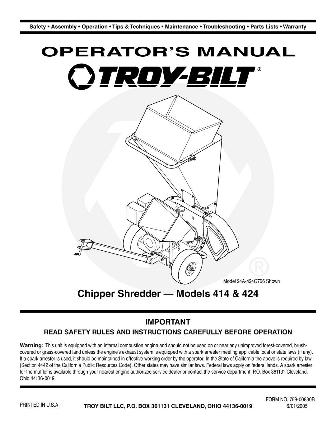 Troy-Bilt 424 manual OPERATOR’S Manual, Chipper Shredder Models 414 