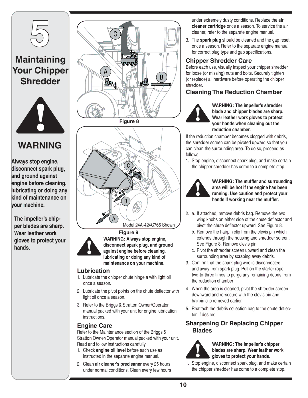 Troy-Bilt 414, 424 manual Maintaining Your Chipper Shredder 