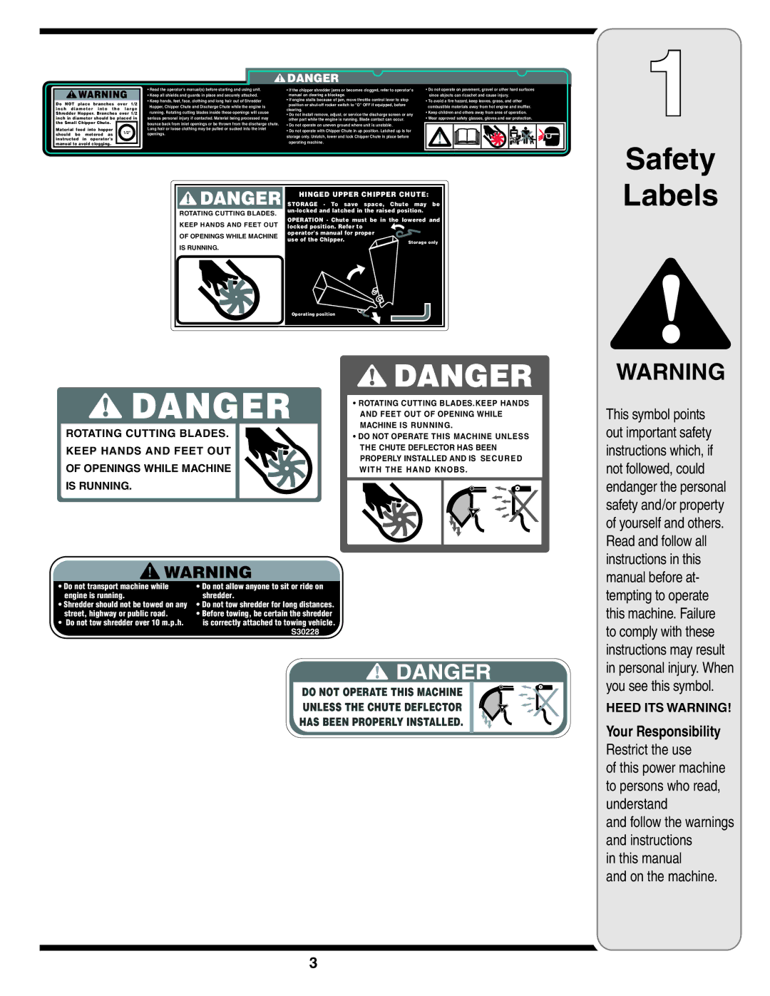 Troy-Bilt 424, 414 manual Safety Labels 