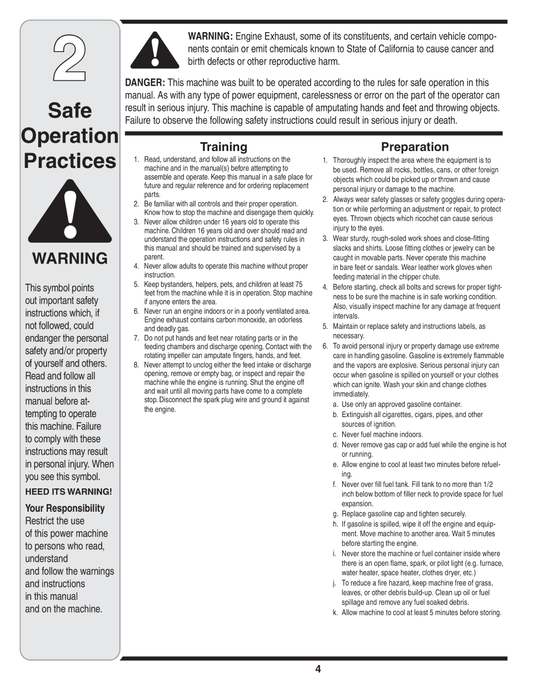 Troy-Bilt 414, 424 manual Safe Operation Practices 