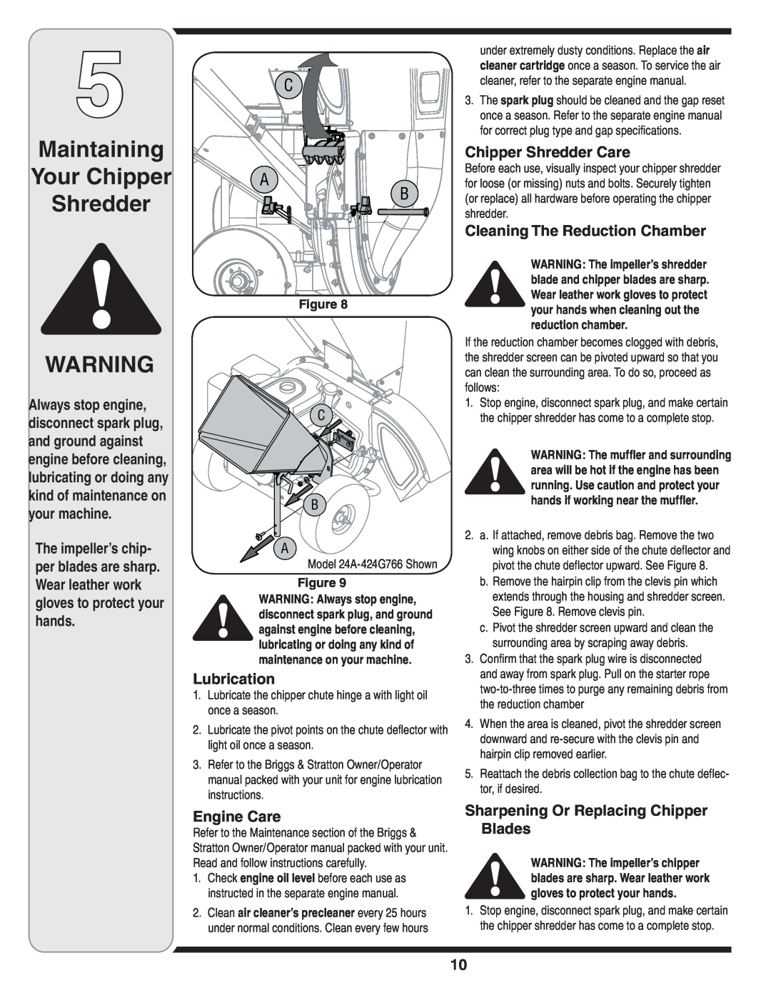 Troy-Bilt 414, 424 manual Maintaining Your Chipper Shredder, Lubrication, Engine Care, Chipper Shredder Care 