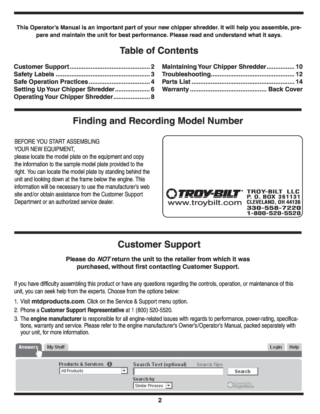 Troy-Bilt 414 Table of Contents, Finding and Recording Model Number, Customer Support, Safety Labels, Warranty, Back Cover 