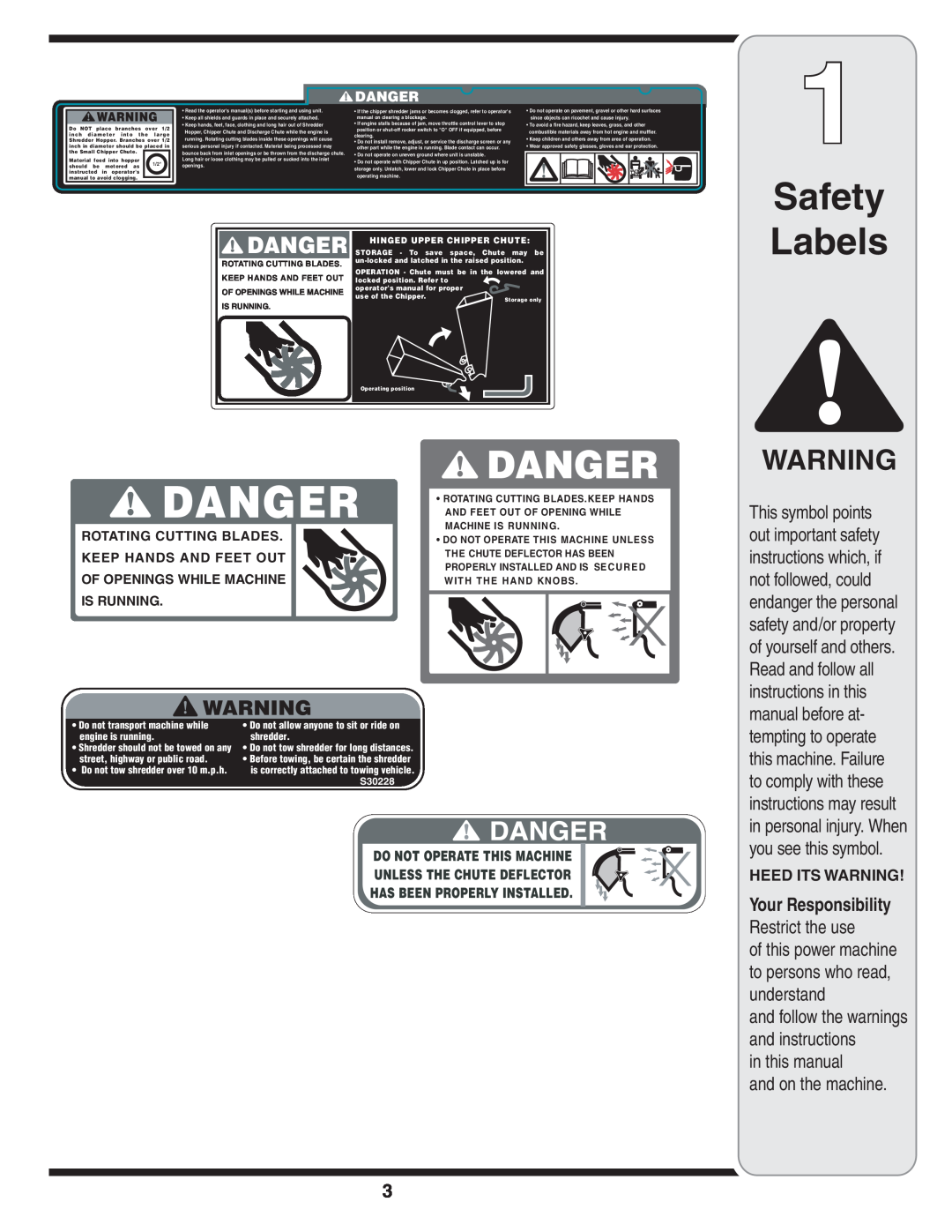 Troy-Bilt 424, 414 Safety Labels, in this manual and on the machine, HEED ITS WARNING Your Responsibility Restrict the use 