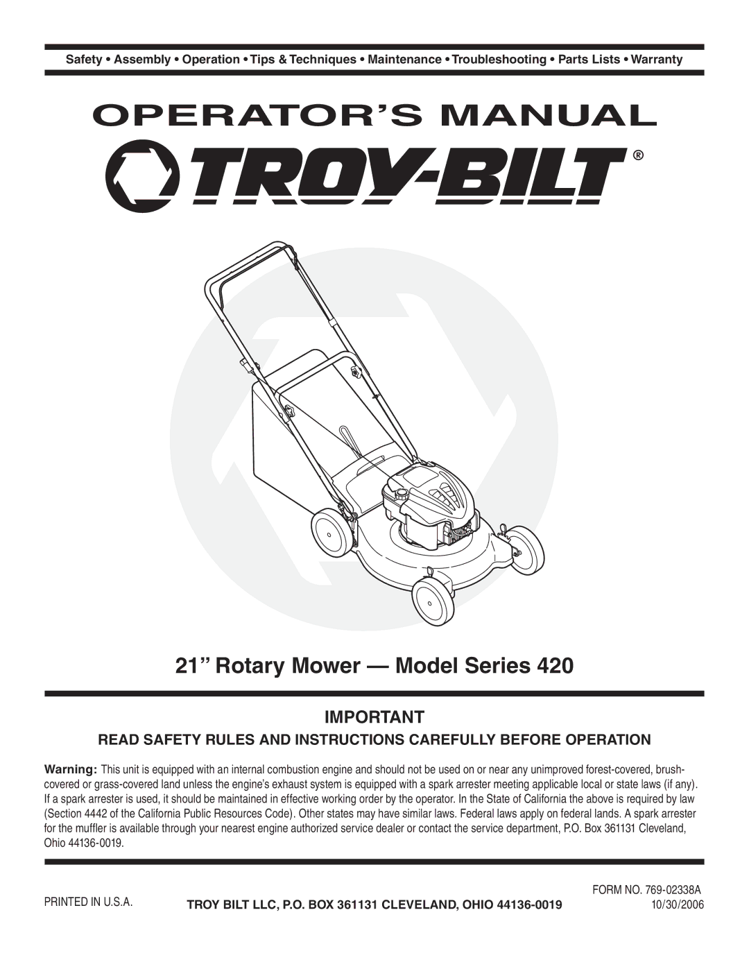 Troy-Bilt 420 warranty OPERATOR’S Manual, Rotary Mower Model Series 