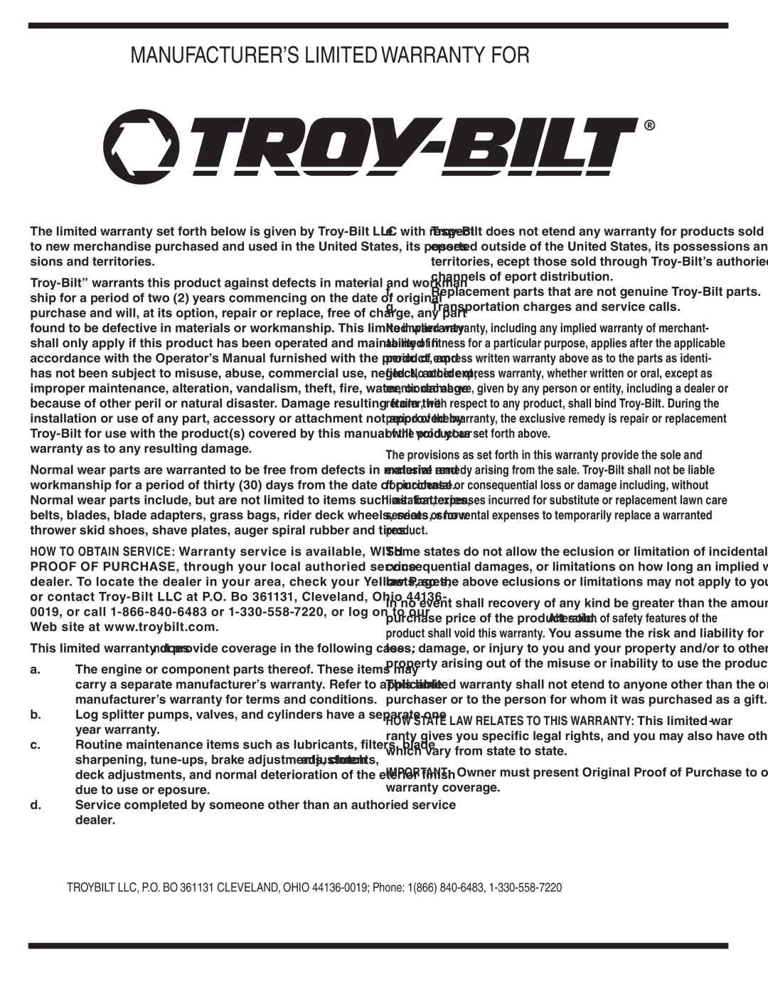 Troy-Bilt 420 warranty MANUFACTURER’S Limited Warranty for 