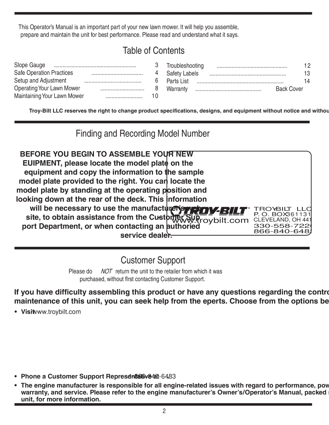 Troy-Bilt 420 warranty Table of Contents, Finding and Recording Model Number, Customer Support 