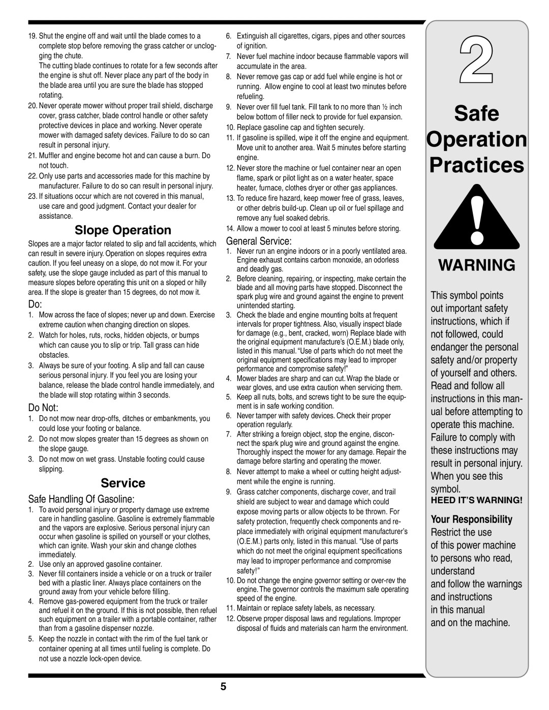 Troy-Bilt 420 warranty Slope Operation 